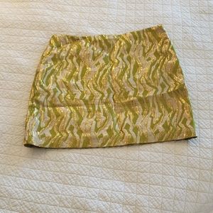 J. Crew gold jaquard mini skirt, Size 2, Green, tan and gold